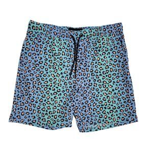 Edgar + Ash Mens Large Blue Leopard Print Athletic Shorts Mesh Lined Stretch